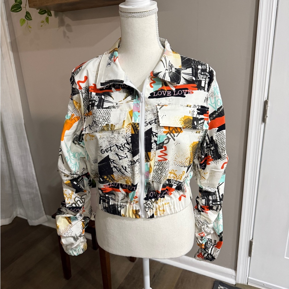 “Like an Angel” brand Women’s Multicolor Graphic Bomber Jacket, Sz. L. - Picture 2 of 5